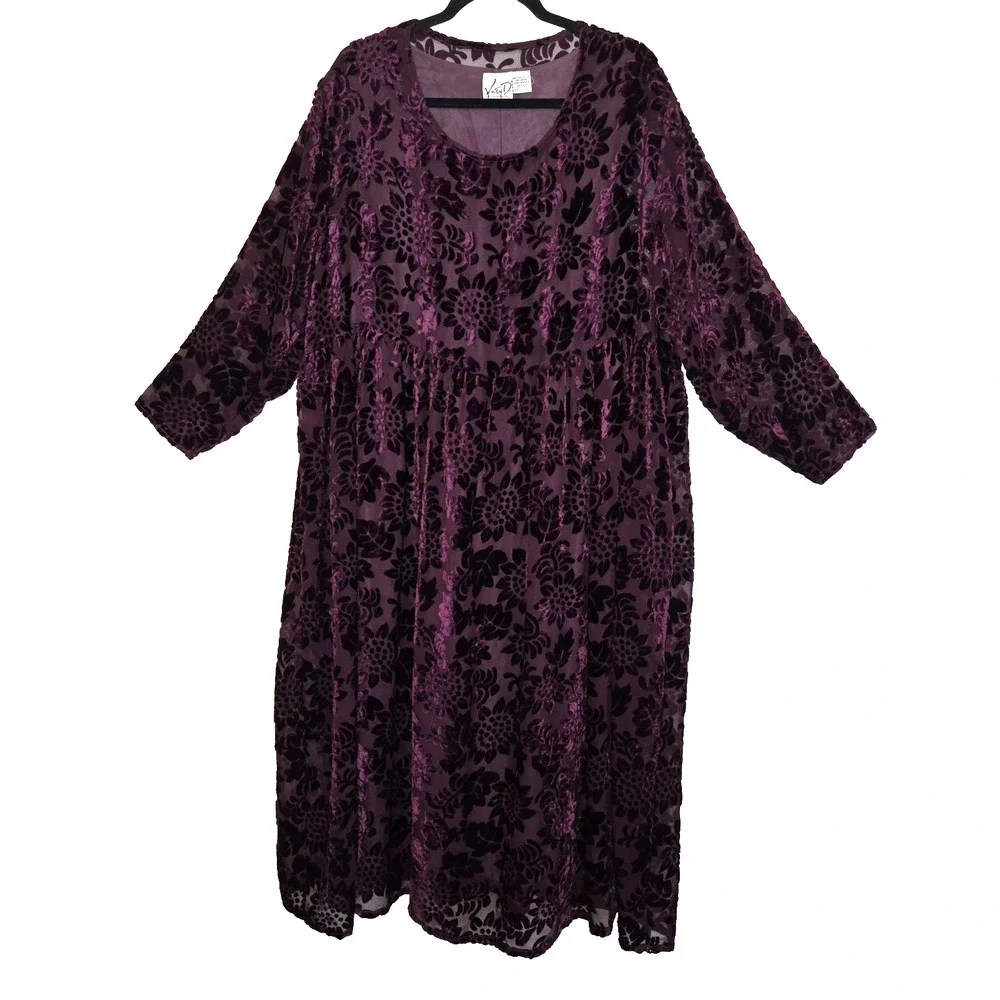 VTG Katy D Deep Maroon Babydoll Velour Velvet Burnout Dress PLUS 18/20 Floral